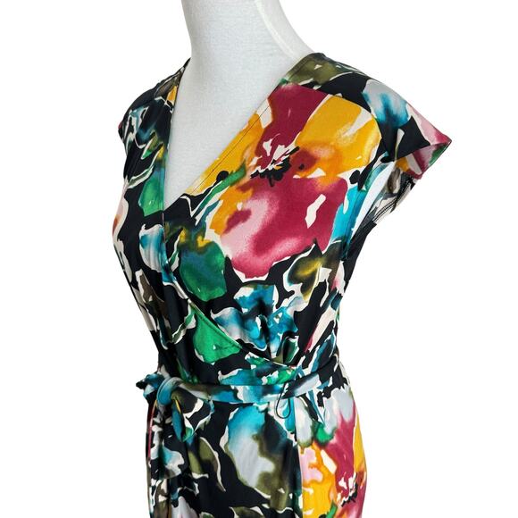 Daisy Fuentes Watercolor Floral Faux Wrap Belted Knee Length Jersey Dress - Picture 3 of 5